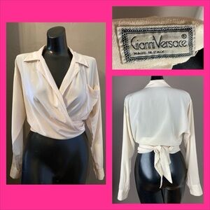 1980s Gianni Versace Cream Silk Tie Up Blouse